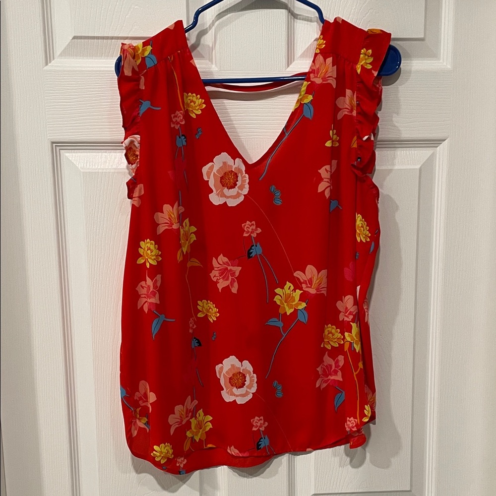 LOFT Red Floral V-Neck Blouse